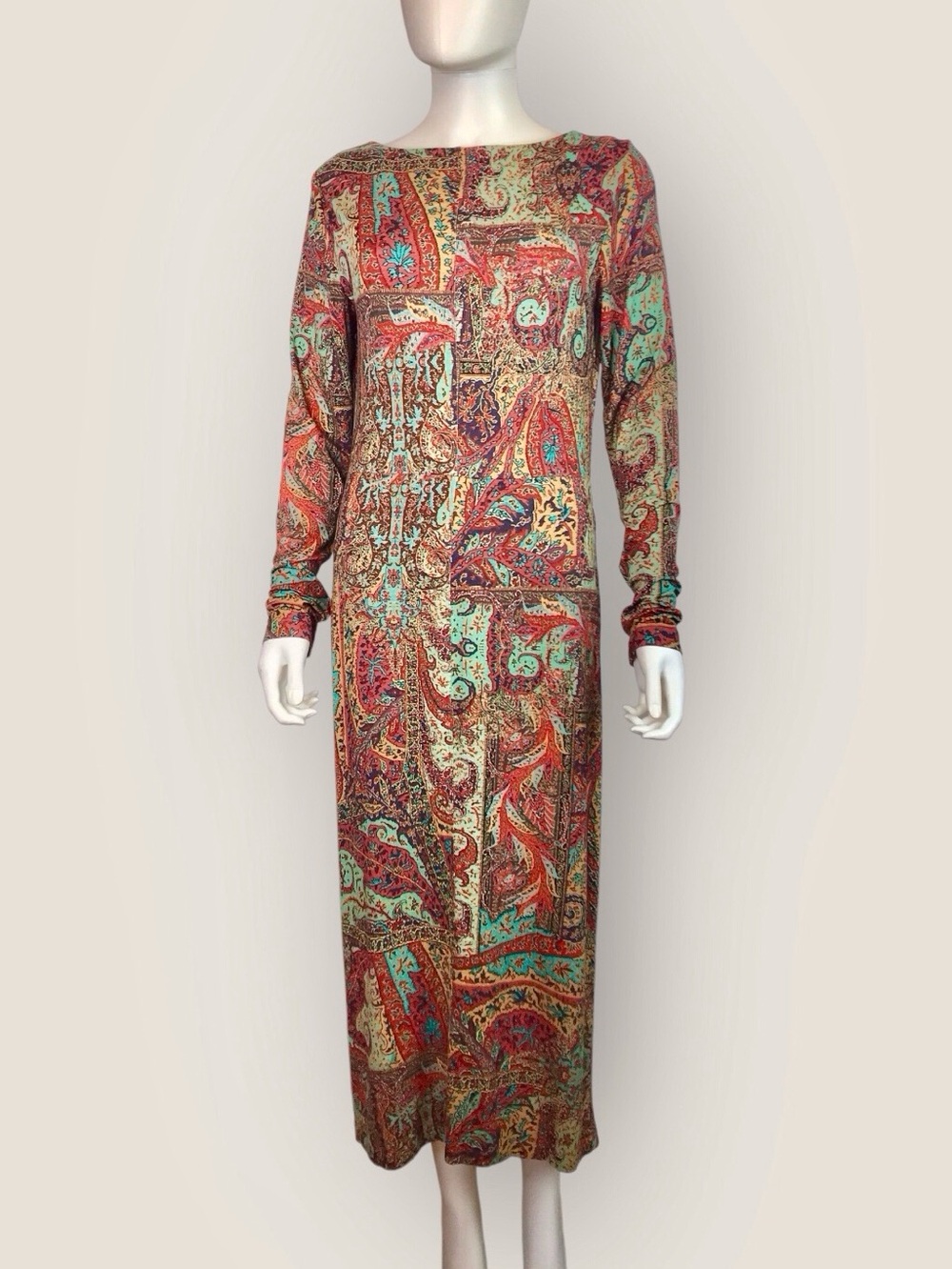 Peruvian Connection Midi Montallegro Dress Teal Blue Gold Red Long Sleeved